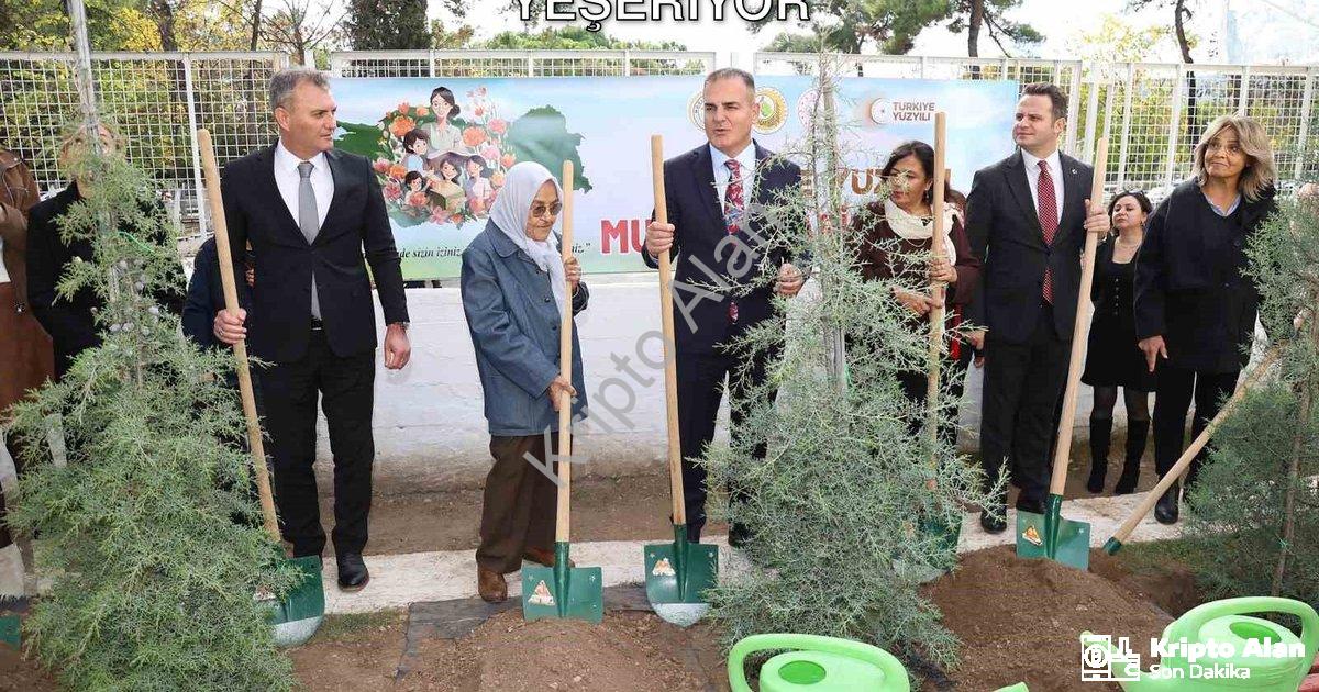 "Muğla'da Öğretmenler İçin 16.453 Fidan Yeşeriyor" başlıklı haber için fotorealistik, profesyonel bi